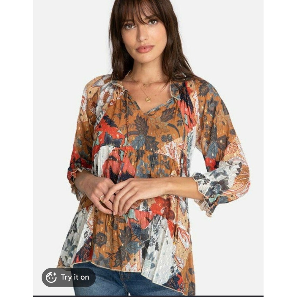 Johnny Was JW Los Angeles Patchwork Floral Tiered Boho Blouse Rust Mustard Small